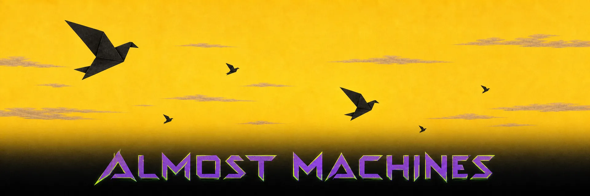 Almost Machines logo over a golden sky with black origami birds